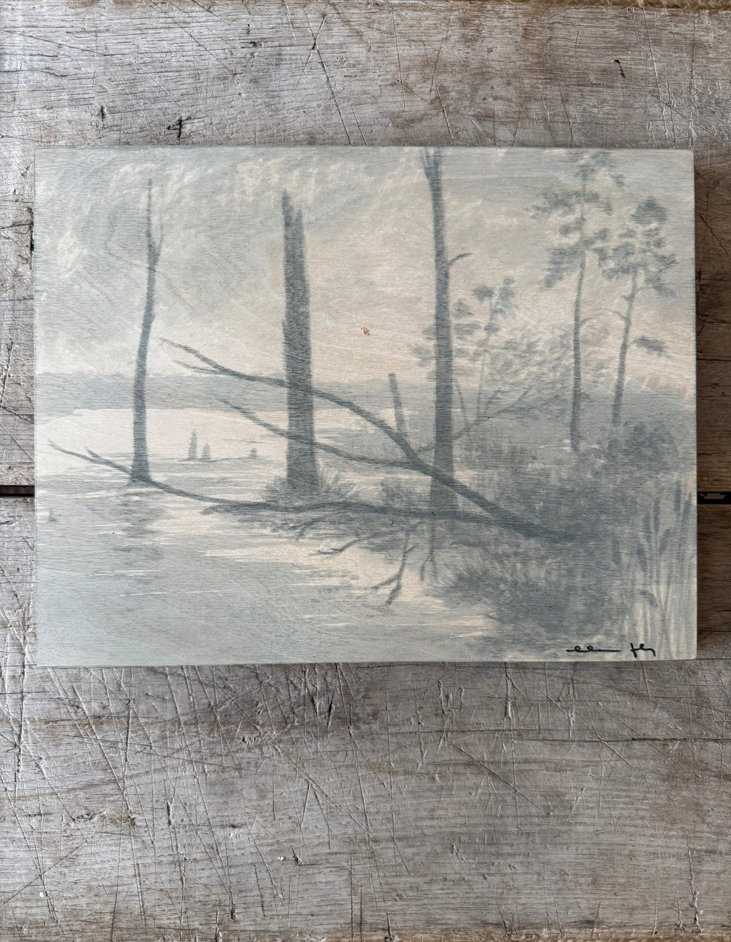 Watercolor Landscape on Wood Panel, 9” x 12”