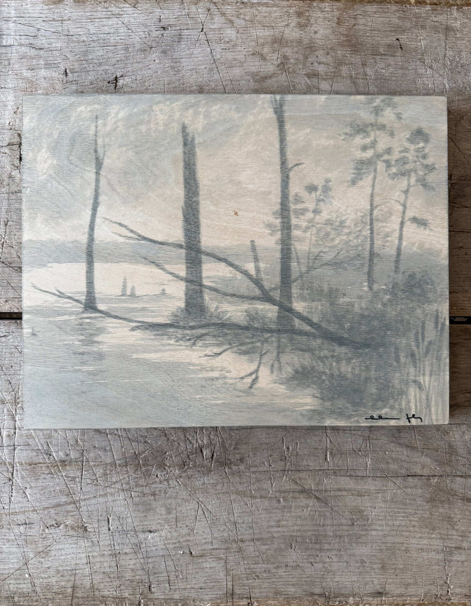 Watercolor Landscape on Wood Panel, 9” x 12”