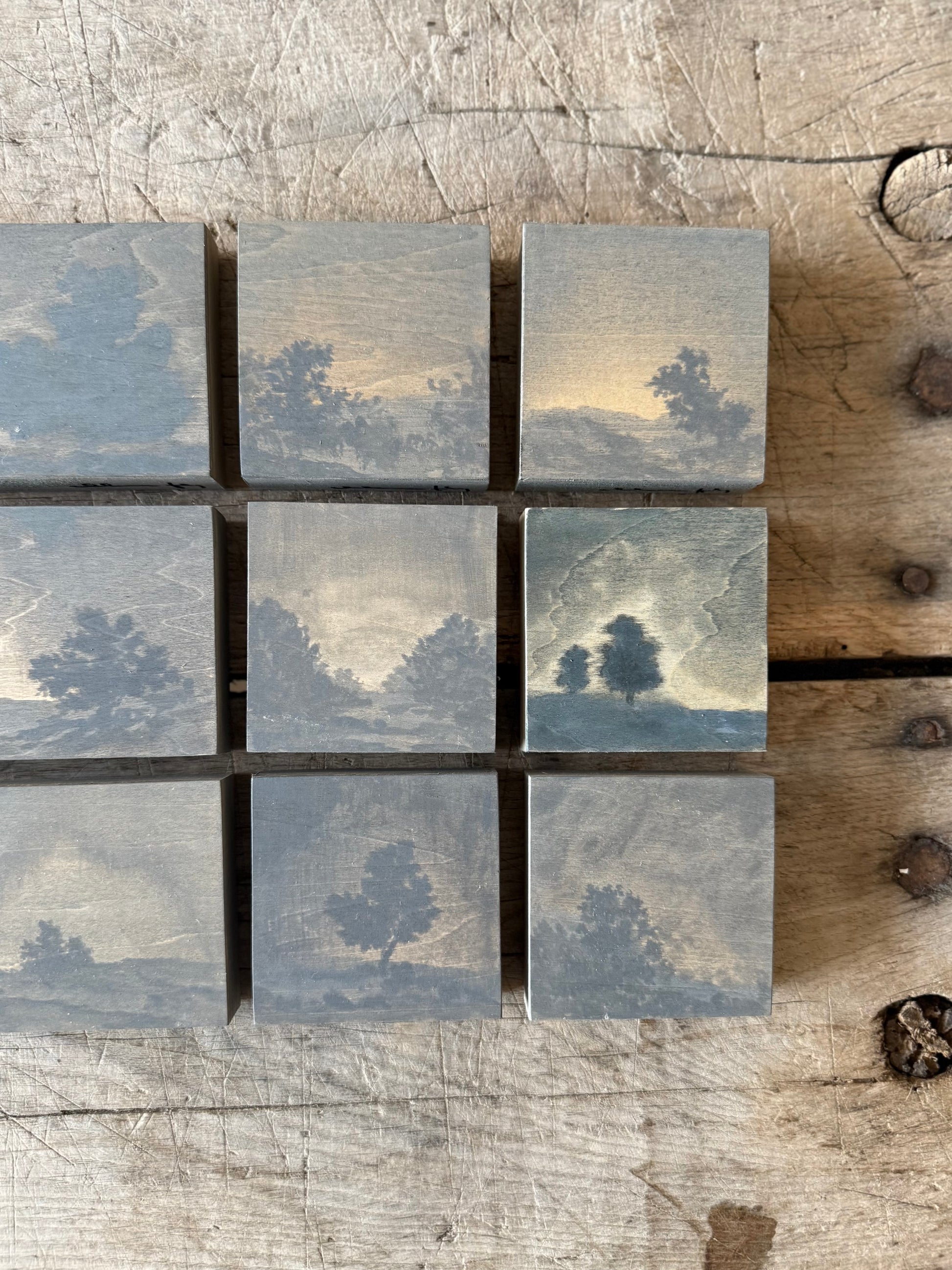 Watercolor Landscape on Wood Panel, 3” x 3”