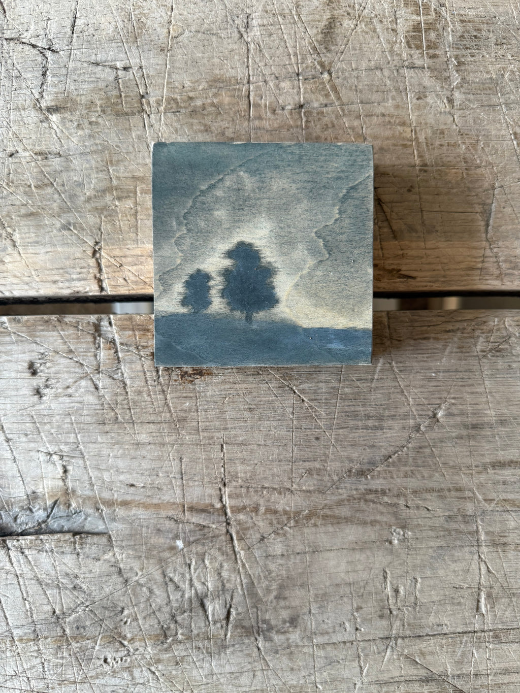 Watercolor Landscape on Wood Panel, 3” x 3”