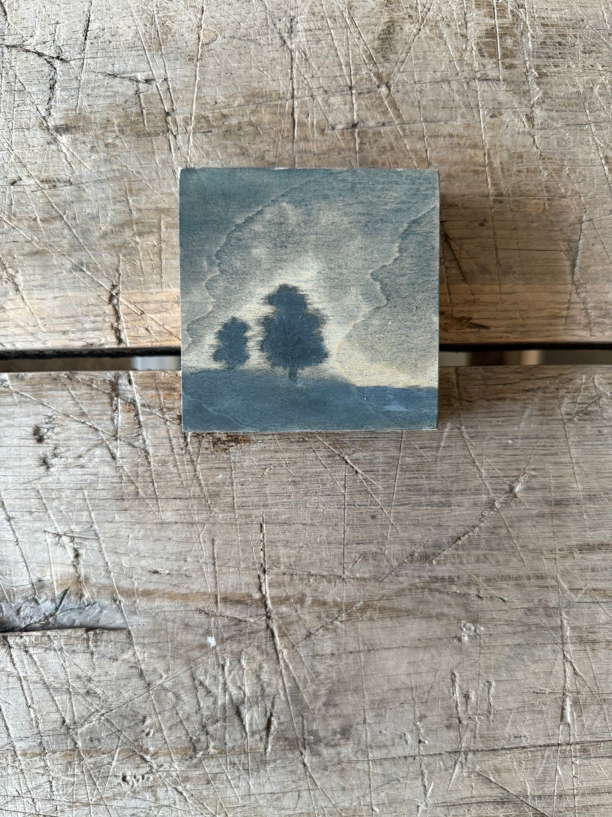 Watercolor Landscape on Wood Panel, 3” x 3”