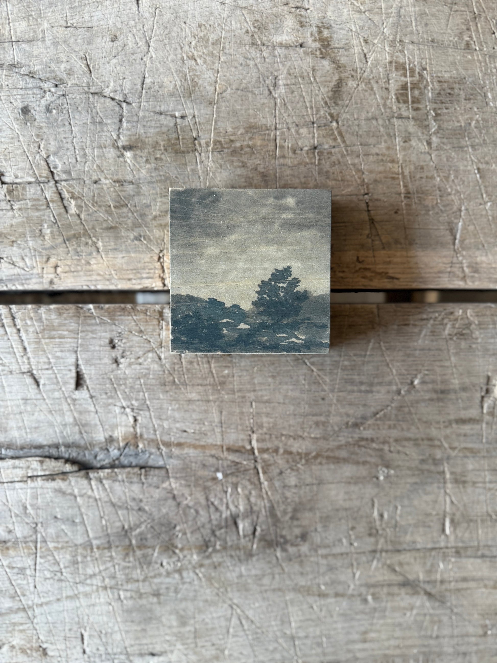 Watercolor Landscape on Wood Panel, 3” x 3”